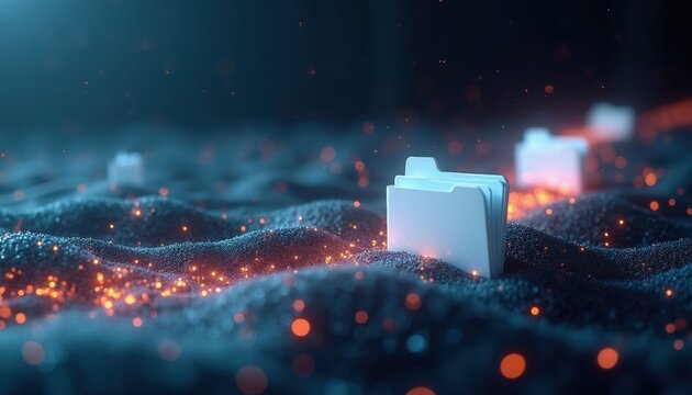 Digital folders move through abstract dark space with glowing particles. Electronic documents transfer via online network connection. Virtual files travel across futuristic system surface in