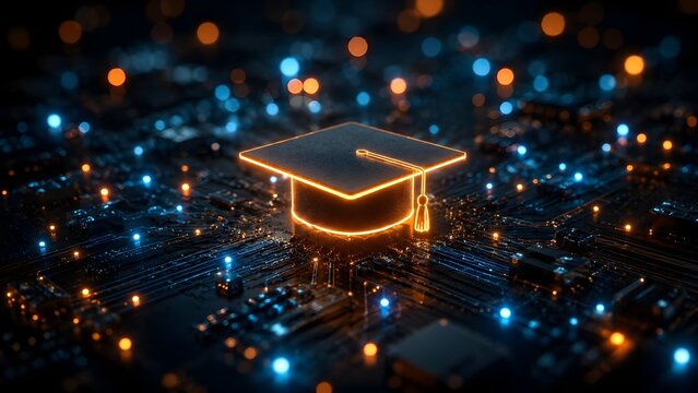 Glowing orange neon graduation cap sitting on a high tech digital circuit board representing the intersection of technology and advanced education.