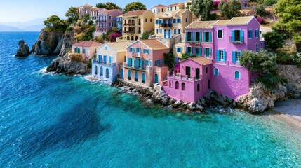 Fototapeta premium Vibrant coastal village with colorful houses overlooking serene turquoise waters and rocky shoreline in sunny weather