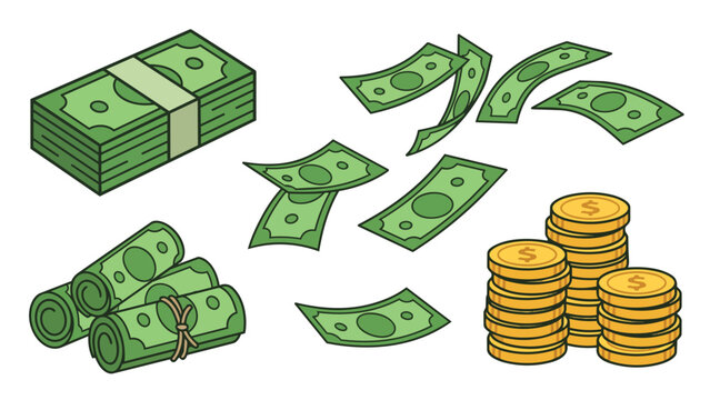 Green dollar bills, stacks of gold coins, and cash money set