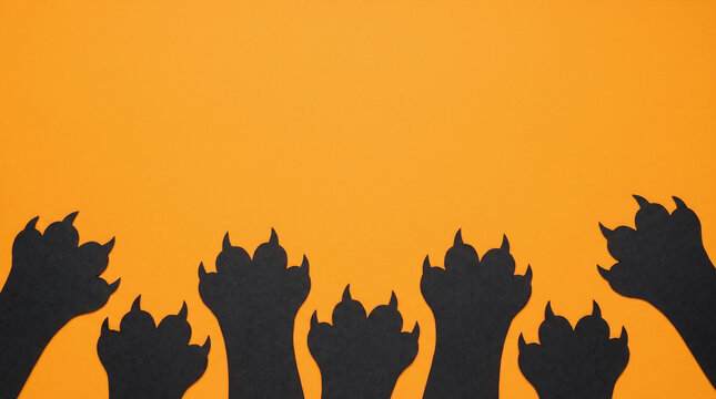 Halloween orange background with black cat claws paper cut out bottom border, spooky copy space for party invitation, greeting card, banner, poster and autumn seasonal design