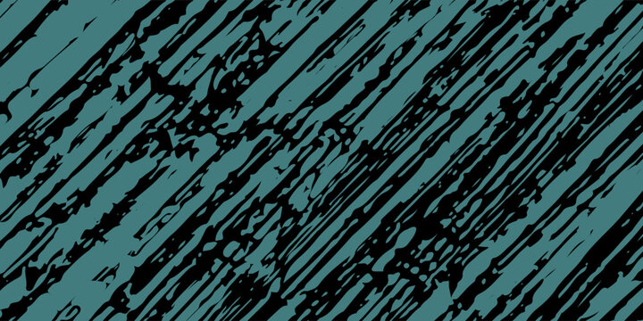 Abstract teal green diagonal grunge stripes on a black background. Vector illustration of distressed paint brush strokes texture, dark moody retro splatter backdrop.