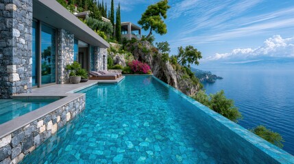 Fototapeta premium Stunning luxury villa with infinity pool overlooking picturesque coastline and tranquil sea under a clear blue sky