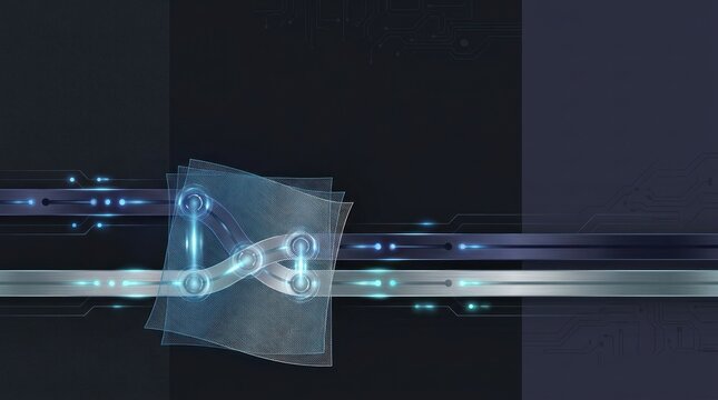 Parallel workflow integration through a transparent control layer with connected data exchange nodes on a dark technology background with copy space