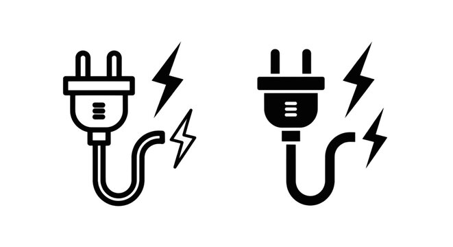 Vector illustration of power plug with electricity symbol icon, outline and glyph, on a transparent background