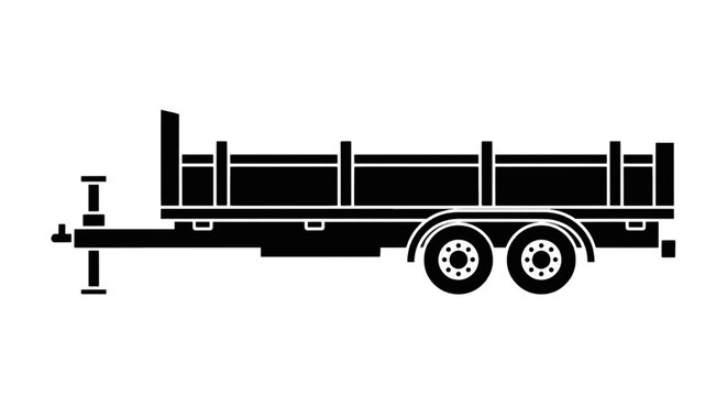 Vector illustration of side view of a flatbed utility trailer with tandem axles on a transparent background