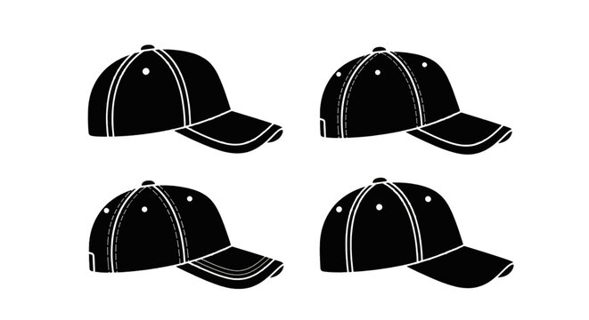 Vector illustration of set of black baseball cap icons in different styles on a transparent background