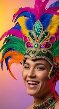 A vibrant festive portrait featuring a joyful expression with colorful feathered headwear, sparkling sequins and beads during a celebration, shimmering, carnival, joy