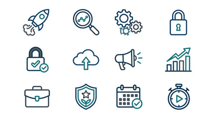 Fototapeta premium Startup business security and growth outline icon set.