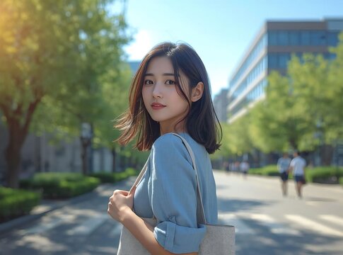 大学のキャンパスを歩くアジア人女子大学生 AI generated｜大学,キャンパス,女子大学生,学生,通学,教育,ポートレート