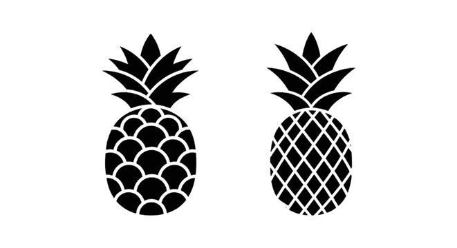 Vector illustration of set of two black silhouette pineapples with different patterns on a transparent background