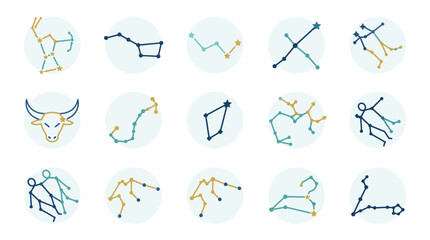 Zodiac constellation icons with celestial star patterns. © Akil