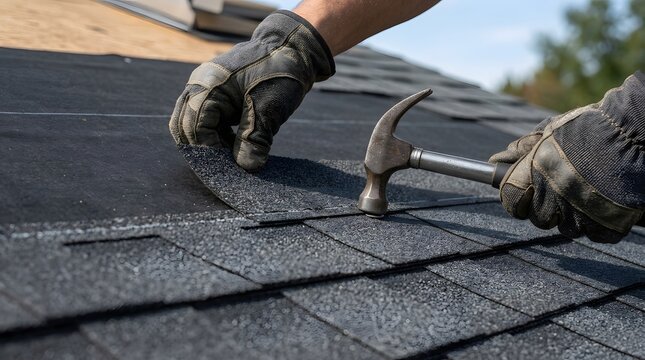 Construction worker hands wearing protective work gloves using claw hammer to secure asphalt roofing shingles on black roof underlayment during residential home improvement task.