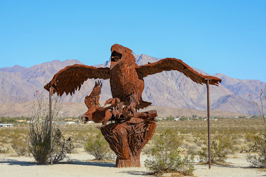 Borrego Springs, CA USA on April 2, 2021: Eagle metal statue, public art in the desert. Sky Art Statues in Borrego Springs, California.
