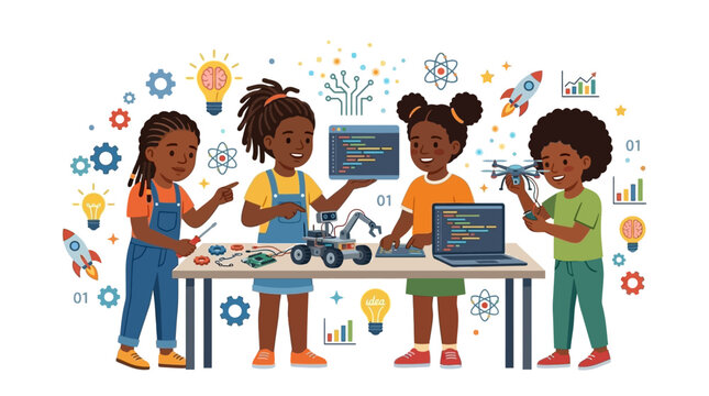 Young black children exploring stem activities with robots and drones