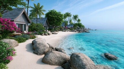 Fototapeta premium Serene Tropical Beach with Crystal Clear Water and Exotic Cottages Surrounded by Lush Palm Trees and Vibrant Flowers