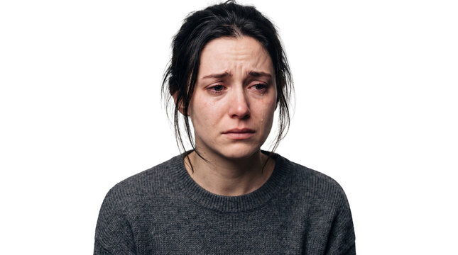 Sad Emotional Young Woman Crying with Tears Isolated on Transparent Background