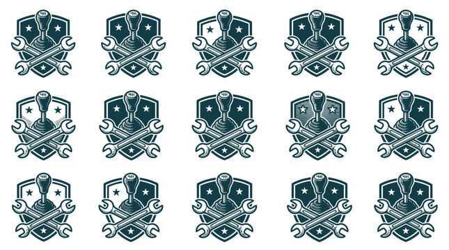 Vector set of automotive mechanic logos featuring a manual gear shift stick, crossed wrenches, and shield with stars, monochrome vintage emblem design on a white background.