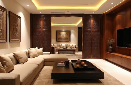 Modern living room features Indian style interior design with elegant wood panels, beige sofa. Contemporary home includes warm lighting coffee table, luxury decor elements. Stylish apartment offers