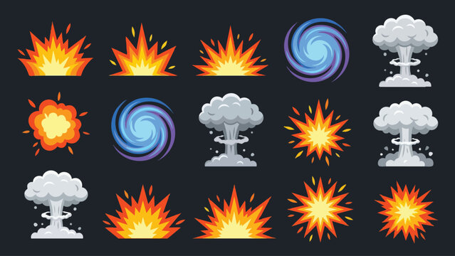 Cartoon explosion fire and mushroom cloud vector icon set