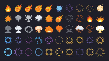 Cartoon game effects with fire explosions and magic energy rings © rama coloring studio