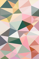 Fototapeta premium An airy abstract wall of faceted triangles in gentle greens, blush pinks, and muted slate, delivering a calm creative mood for digital layouts and print.