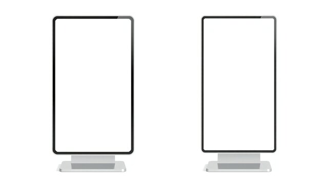 Two vertical touchscreen monitors on stands