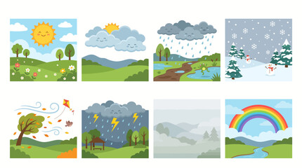 Obraz premium Weather conditions icons set. Cute cartoon landscape scenes with various climate states.