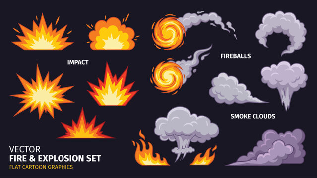 Flat vector set of cartoon explosions and smoke clouds