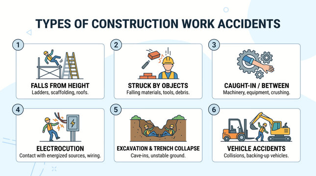 Infographic illustrating six common types of construction work accidents and their causes, including falls, struck by objects, and vehicle incidents.