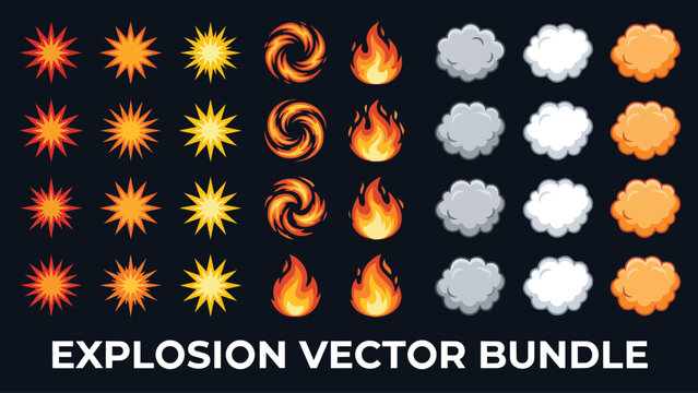 Bundle of cartoon explosion fire and smoke cloud effects