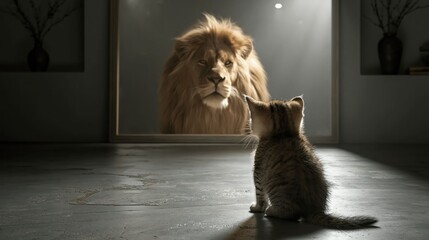 Fototapeta na wymiar Kitten admiring lion reflection in the mirror symbolizes overcoming fear and building confidence and inner strength.
