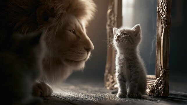 Kitten admiring lion reflection in the mirror symbolizes overcoming fear and building confidence and inner strength.