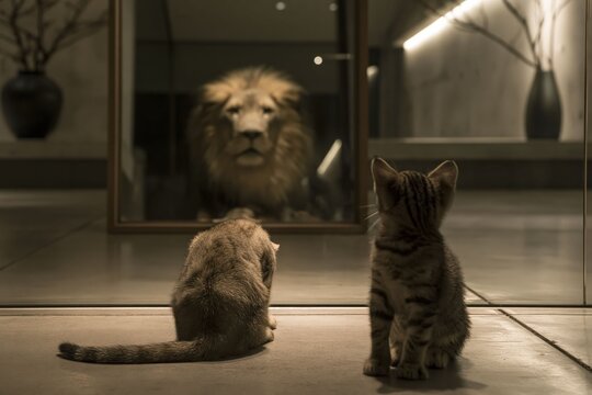 Kitten admiring lion reflection in the mirror symbolizes overcoming fear and building confidence and inner strength.