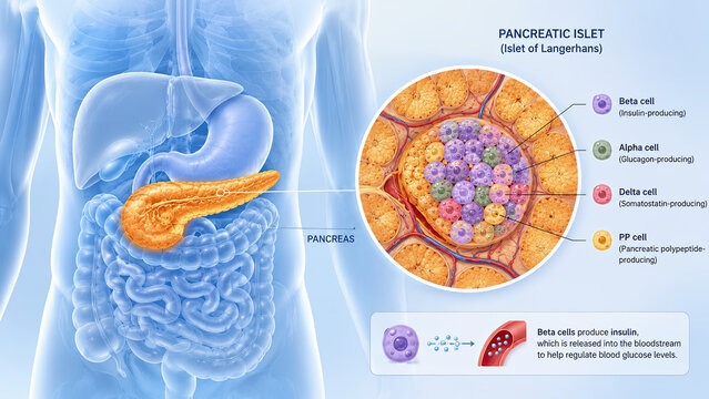 Diabetes. Pancreas islet cell insulin glucagon somatostatin hormone abdomen medical illustration of digestive organ diagram