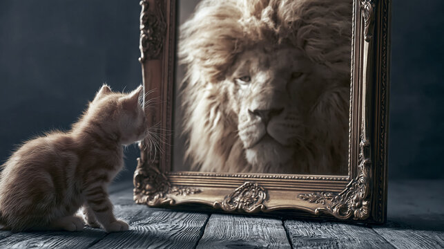 Kitten admiring lion reflection in the mirror symbolizes overcoming fear and building confidence and inner strength.