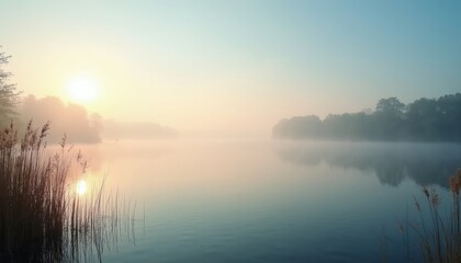 Obraz premium Golden sunrise over calm lake water with morning mist covering forest landscape background. Sunlight reflects on peaceful pond surface near reed plants. Quiet outdoor scenery offers relaxation,