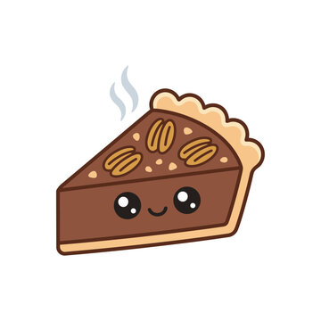 Cute Kawaii Pecan Pie Slice with Steam, Cartoon Food
