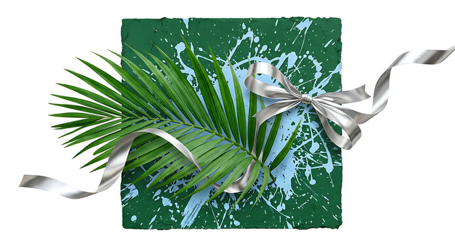 A vibrant emerald green palm leaf on a forest green wall, chaotic abstract splashes of powder blue paint, decorated with a shiny metallic silver ribbon
