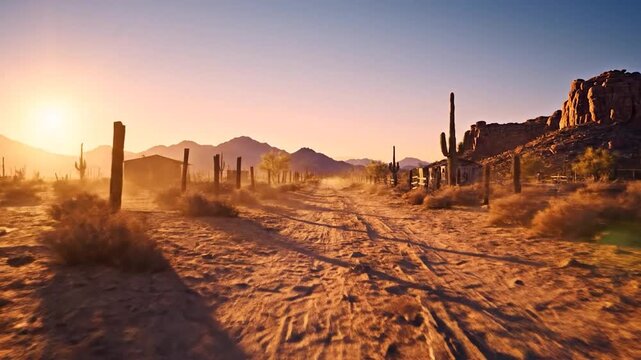 Abandoned wooden shacks stand in a dusty desert ghost town at sunset