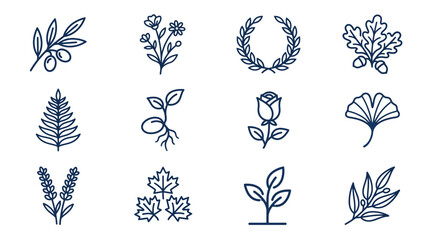 Minimalist botanical line icons of leaves and flowers. © Tawang