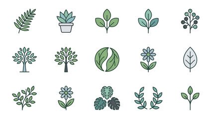 Fototapeta premium Minimalist green botanical and garden plant icons.