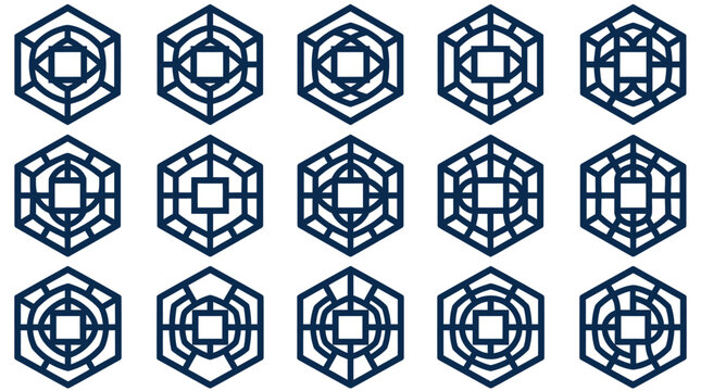 Geometric hexagonal patterns and decorative line icons.