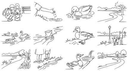 Children feeding ducks and swans in a park, nature, line art, vector illustration © Akun
