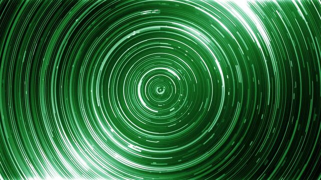 Glowing green concentric circles spinning on dark background. Seamless loop circular light trails motion graphic.