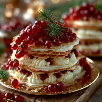 Festive Layered Pastry Dessert with Red Currants and Cream on a Golden Plate