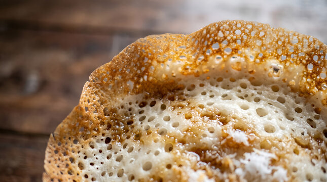 Macro view of authentic Indonesian Serabi highlighting its handmade texture, suitable for restaurants, food blogs, cookbooks, culinary editorials, and advertising.