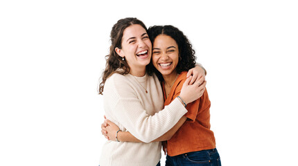 Fototapeta premium Cheerful Best Friends Embracing and Laughing Heartily Isolated on Transparent Background