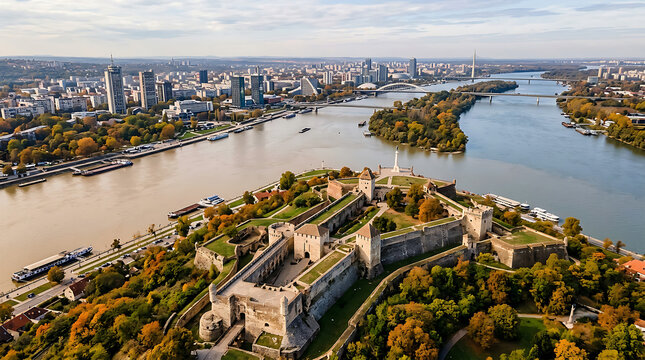 Historic castle overlooking a river and city skyline.