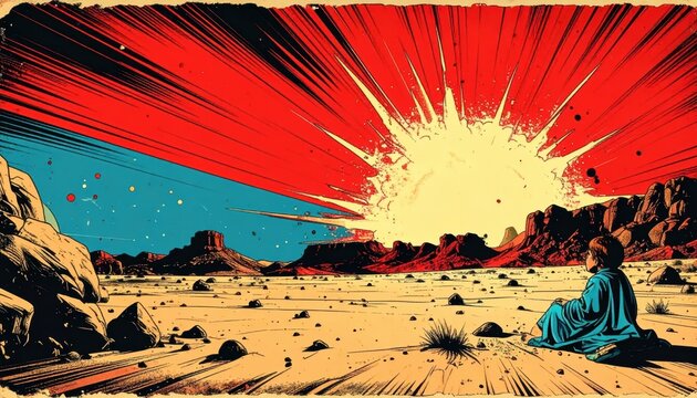 Retro comic book style illustration of a child sitting in a desert looking at a cosmic explosion with copy space for text.